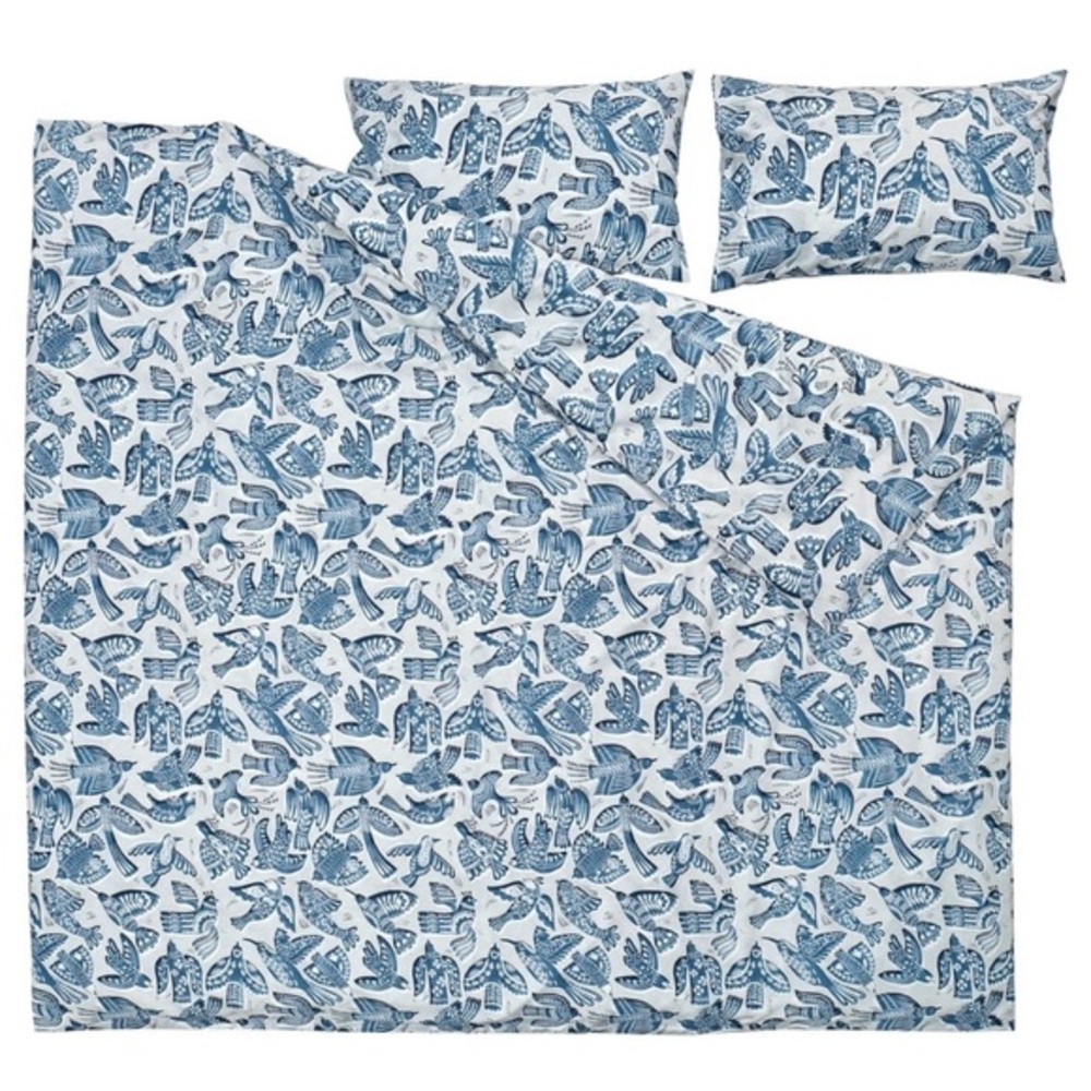 FULL/QUEEN IKEA Bittersota duvet cover & 2 pillow cases w bird design GORGEOUS! - Picture 1 of 16